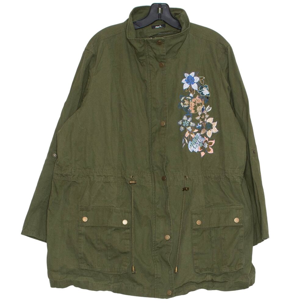 Utility Jacket Embroidered Floral Military Cargo Anorak Field Green Plus Size 2X